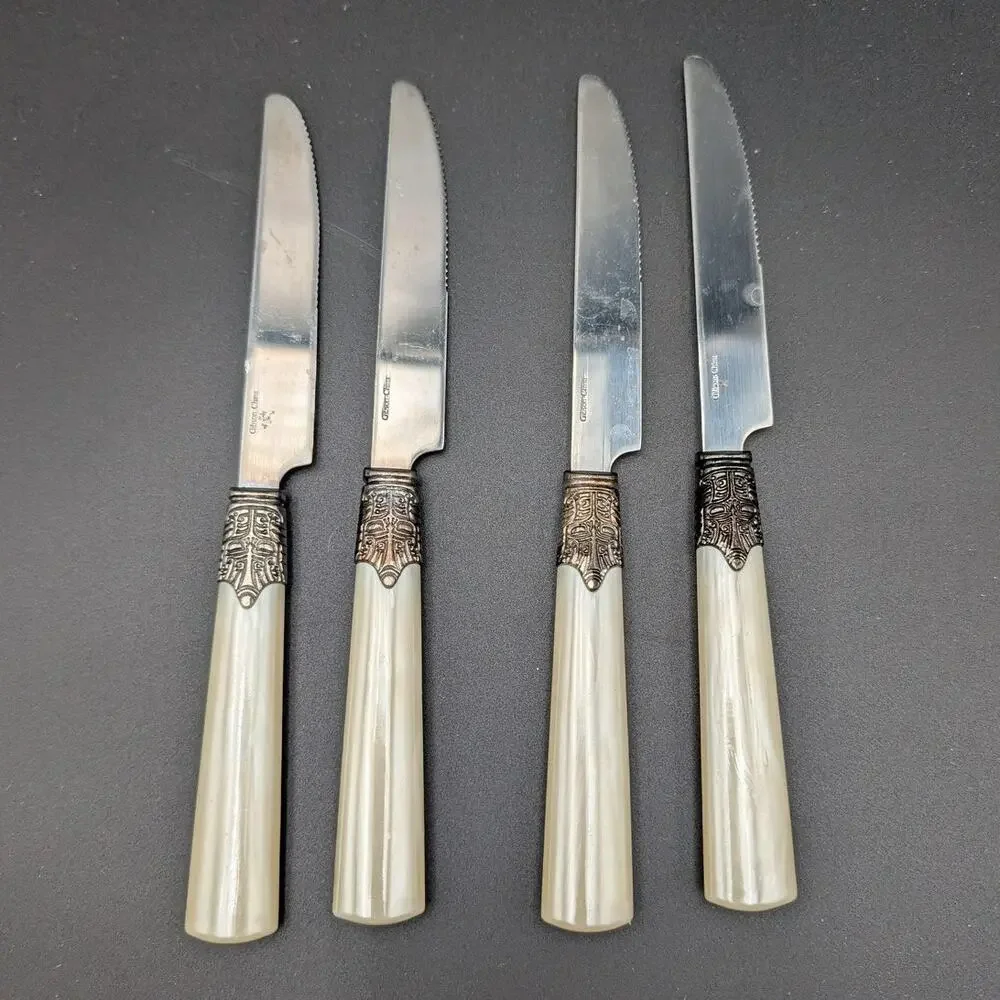 4 Gibson Roseland Serrated Dinner Knives White Pearlescent Handles Vintage Boho